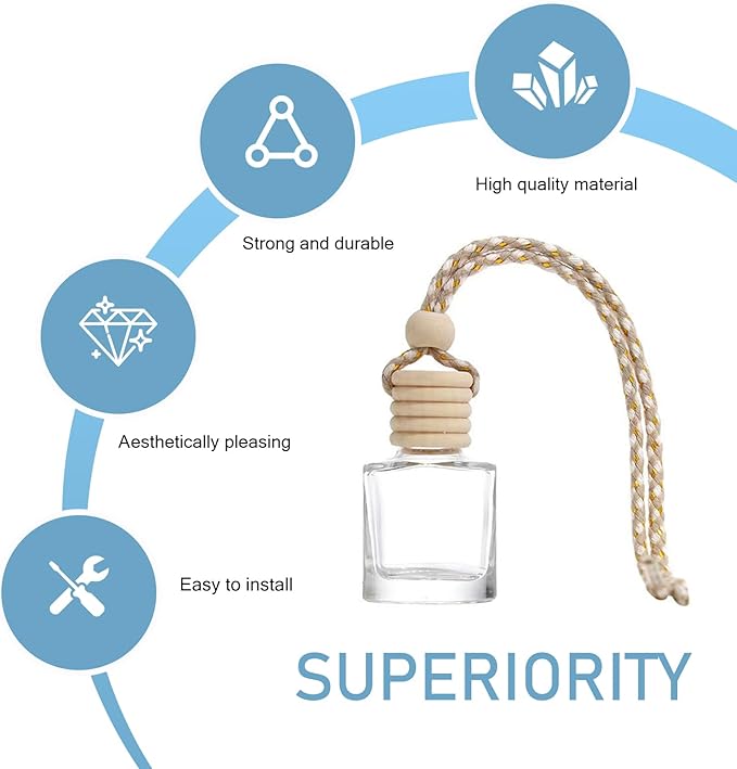 5PCS Car Air Freshener, Hanging Air Freshener Diffuser, Empty Glass Perfume Bottle, Diffuser Oil Aromatherapy Fragrance Perfume Vials with Wooden Caps and Hanging String