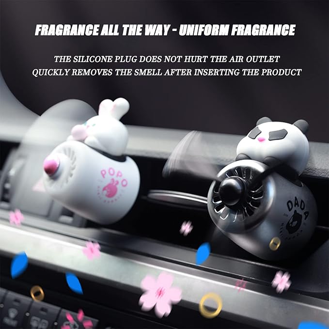 Car fragrance diffuser pilot air outlet fragrance diffuser cartoon rotating fan leaf perfume cute cartoon shape perfume air freshener with 2 fragrances (panda)