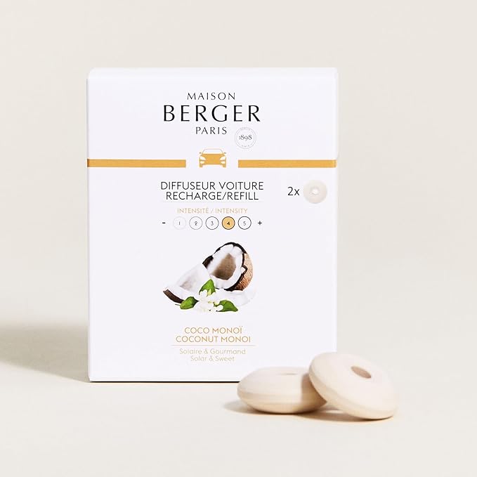 Maison Berger Luxury Car Diffuser Refill Set – Ceramic Inserts for Vent Clip Diffusers, 4-Week Passive Diffusion, Premium In-Car Fragrance Refill, Made in France (Coco Monoi)