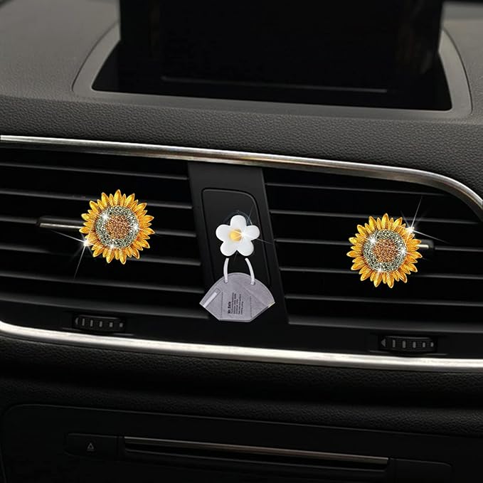 Bling Sunflower Air Vent Clips, 2 Pcs Golden Sunflower Car Air Fresheners Vent Clips Car Diffuser Diamond Decoration Interior Decor Cute Accessories for Women Girls + Mask Hook