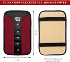 Bling Leather Car Center Console Cover, Anti-Slip Crown Armrest Seat Box Cushion Pad with Rhinestones, Waterproof Crystal Arm Rest Protector Interior Decor for Most Vehicles (Wine Red)