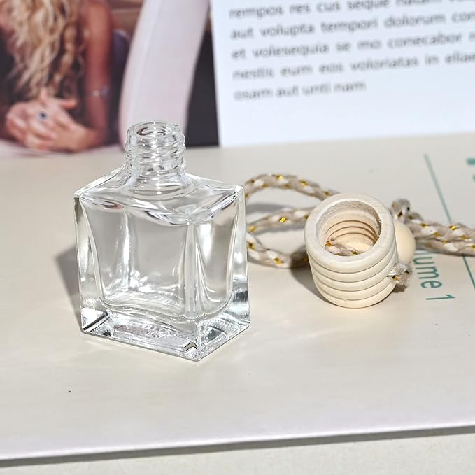 20PCS Mini Flat Square Car 10ML Perfume Empty Bottles with Gold Wire Rope Flat Square Bottles-10ml Car Diffuser Bottles for Essential Oils-Essential Oil Car Freshener-Hanging Car Air Freshener