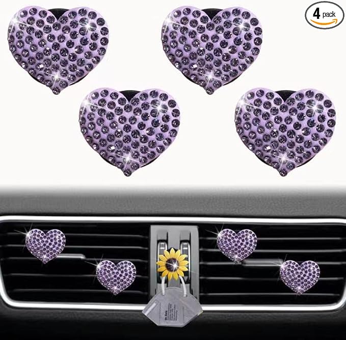 Purple Heart Air Vent Clips, 4 Pcs Bling Heart Car Air Fresheners Vents Clips Diffuser Diamond Interior Decor Cute Daisy Accessories Car Decoration for Women + Mask Hook