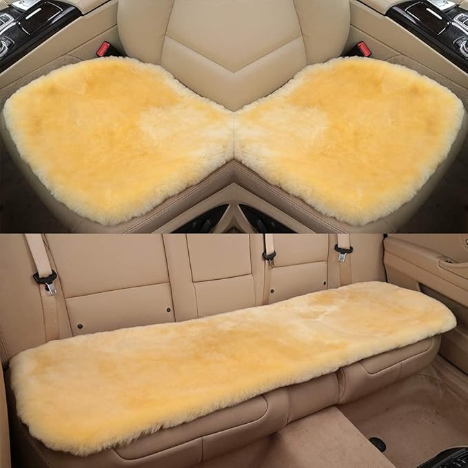 OGLAND Fluffy Genuine Australia Sheepskin Car Seat Cover for Auto Interior Accessories with Soft Fuzzy Wool Eco-Friendly Natural Fur Non-Slip (Light Yellow, Front)