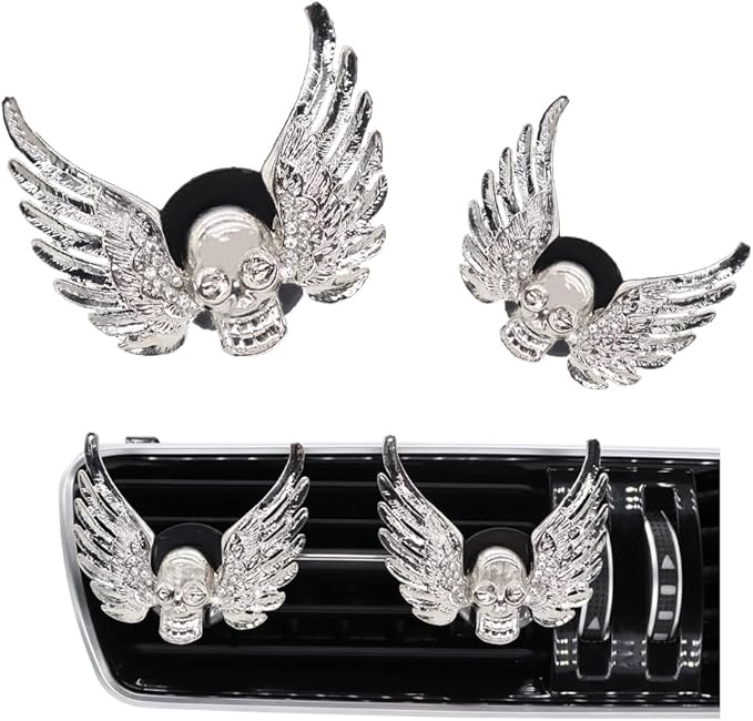 Goth Car Accessories,2pcs Bling Angel Wings Skull Car Air Fresheners Vent Clips,Silver Spooky Skeleton Decor for Teens,Horror Dashboard Decorations,Refillable Diffusers