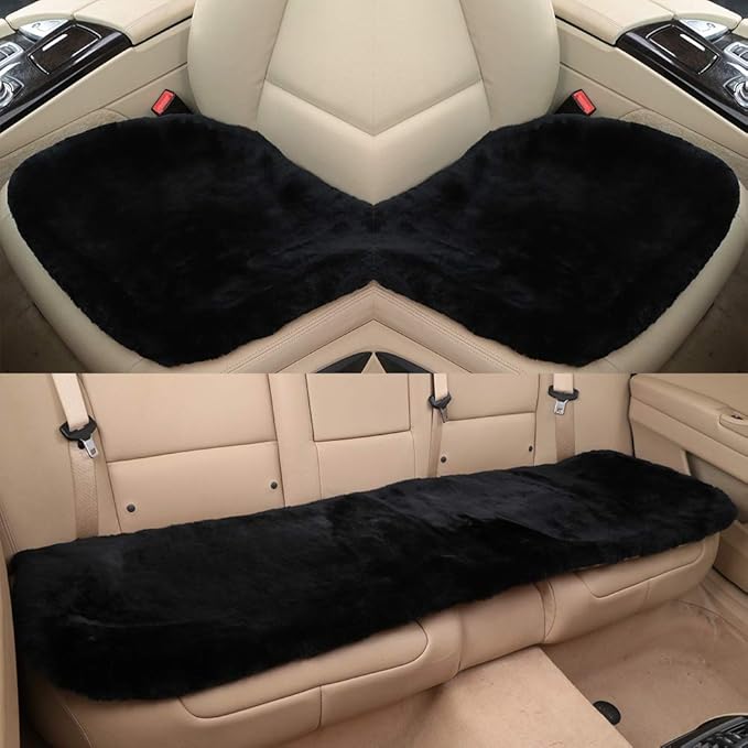 OGLAND Fluffy Genuine Australia Sheepskin Car Seat Cover for Auto Interior Accessories with Soft Fuzzy Wool Eco-Friendly Natural Fur Non-Slip (Black, Back)