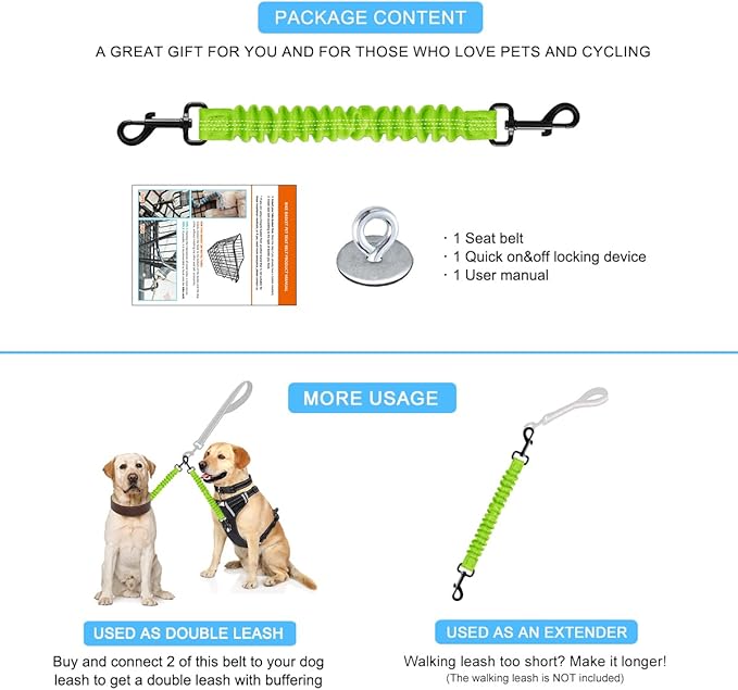 Retractable Bicycle Dog Seatbelt, Elastic Pet Safety Leash Harness for Cat, Dog Leash Extension Attachment Shock Absorbing Lead Extension Absorber (Green)
