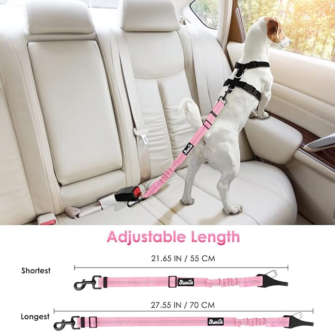 SlowTon Dog Seat Belt for Car, Adjustable 3 in 1 Dog Seatbelt with Elastic Bungee Buffer, Nylon Heavy Duty Dog Car Harness Reflective Safety Tether Leash with Latch Hook Clip Pink