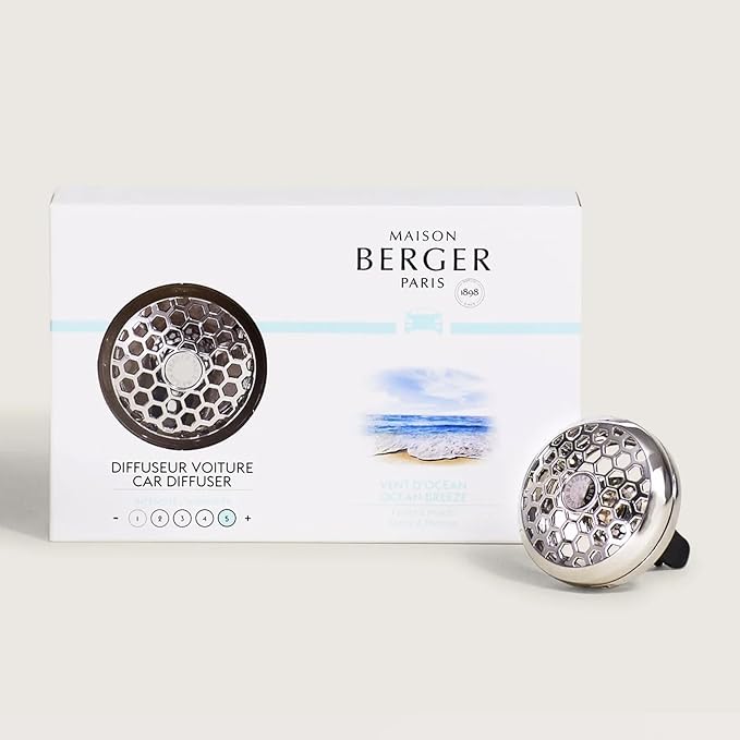 Maison Berger Car Diffuser Set – Refillable Vent Clip, Ceramic Refill, Made in France - Luxury Auto Scent - 4-Week Diffusion - Elegant Air Freshener for All Car Vents (Ocean Breeze)