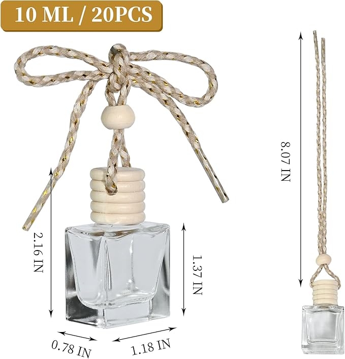 20PCS Mini Flat Square Car 10ML Perfume Empty Bottles with Gold Wire Rope Flat Square Bottles-10ml Car Diffuser Bottles for Essential Oils-Essential Oil Car Freshener-Hanging Car Air Freshener