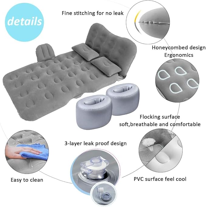 SAYGOGO Inflatable Travel Mattress - Thickened Camping Bed Sleeping Pad with Air Pump, 2 Pillows for SUV, Sedan, Pickup Back Seat - Grey