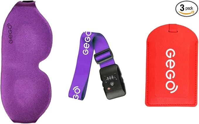 GEGO Premium Travel Kit, Sleep Mask 3D Contoured Eye with Soft Memory Foam, Luggage Tag Waterproof Resistant and Strap with Lock for Luggage TSA Approved (Sleep Mask Purple/Luggage Tag Red)