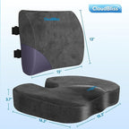 CloudBliss Seat Cushion,Office Chair Cushion,Car Seat Cushion,Lumbar Support Pillow for Office Chair,Back Support Memory Foam Pillow Coccyx Cushion for Tailbone Pain&Sciatica Pain Relief,Grey,X-Large