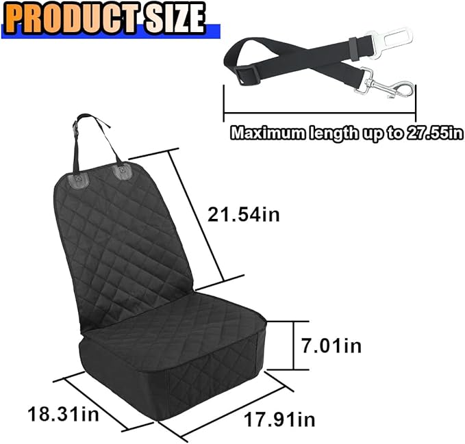 Dog Car Front Seat Cover with Side Flaps, Waterproof & Scratch Proof Car Seat Protector for Dog, Nonslip Pet Car Seat Pad with Safety Belt, Fit for Most Cars SUVs Trucks Jeeps (Black)