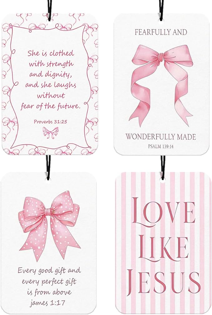 Pink Christian Car Air Freshener Hanging 4Pcs, Girly Coquette Bows Car Accessories Interior, Bible Verses Rearview Mirror for Cars, Cute Car Accessories Freshie for Women Girls (Lavender)