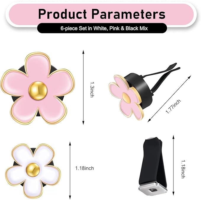 6PCS Car Air Vent Clips, Colorful Daisy Flower Air Conditioning Outlet Clip, Cute Car Clip Interior Air Vent Decoration, Universal Girly Cars Interior Accessory for Women (White Pink Black)