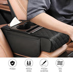 Car Armrest Cushion, 5-in-1 Nappa Leather Vehicle Centre Console Cover with 2 Storage Pockets, Cup Phone & Phone Holder, Multifunctional Auto Organiser Accessories, Universal Fit (Black)