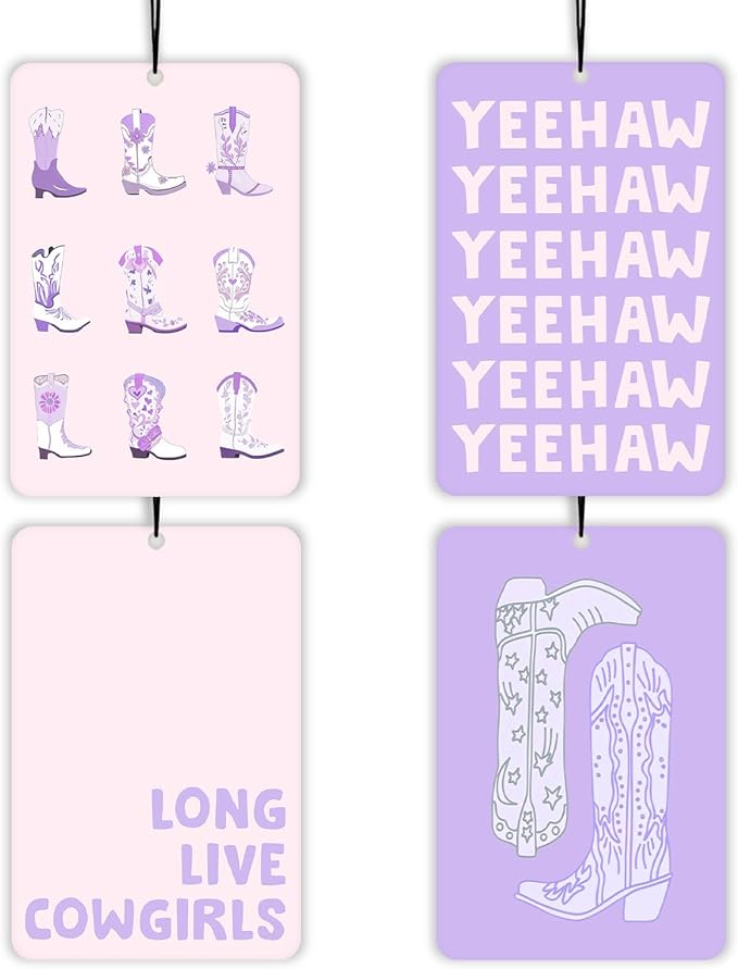 Preppy Purple Western Cowgirl Lavender Car Air Freshener 4 Pcs, Girly Floral Cowgirl Boots Air Freshener Hanging Decor for Cars Closet Drawer Books, Cute Areadeodorizer Gifts for Women Girls