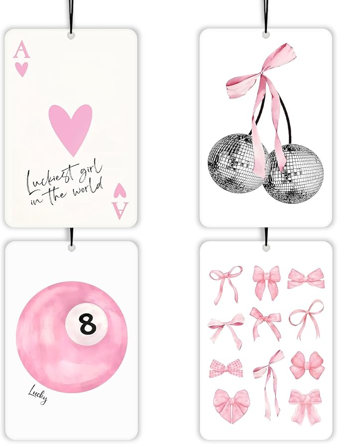 Coquette Pink Bow Lavender Car Air Freshener 4 Pcs,Preppy Poker Disco Ball Lucky 8 Ball Air Freshener Hanging Decor for Cars Closet Drawer Books,Car Decor for Women