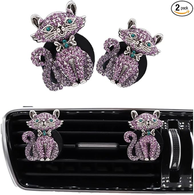 Cat Car Decor,2pcs Bling Car Air Freshener Vent Clips,Purple Princess Kitty Girly Dashboard Decorations for Women,Refillable Clips On Diffuser