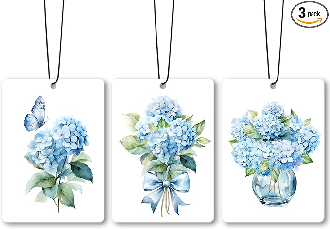 Blue Hydrangea Flower Car Air Freshener Accessories 3pcs, Floral Farmhouse Hanging Air Fresheners Decor for Girly Room Closet Bathroom, Watercolor Car Scent Fragrance Card for Women Drawer
