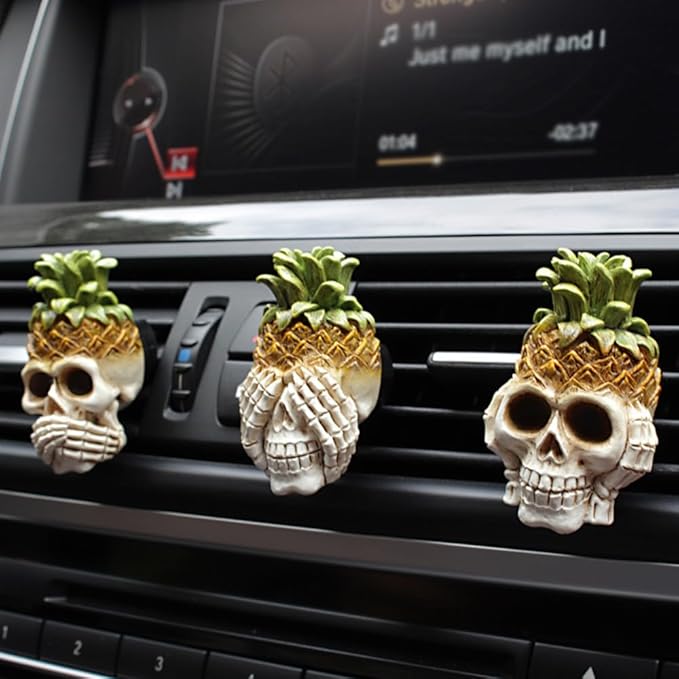 Car Air Fresheners Vent Clips 3 PCS Car Interior Accessories for Men Women Cute Skull Auto Air Conditioner Vent Clip Decor, for Car Office Home Halloween Christmas Gift (Pineapple Skull Set)