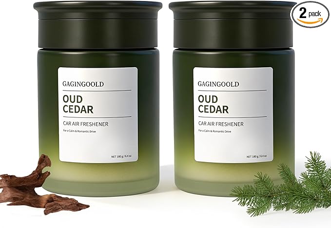 Car Air Freshener, Sandalwood Pine Scent Diffuser with Rotating Cap for Adjustable Fragrance Intensity, Gel Odor Eliminator for Home Car Bathroom, Every 6.4 oz Lasts 90 Days, 2 Pack, Green