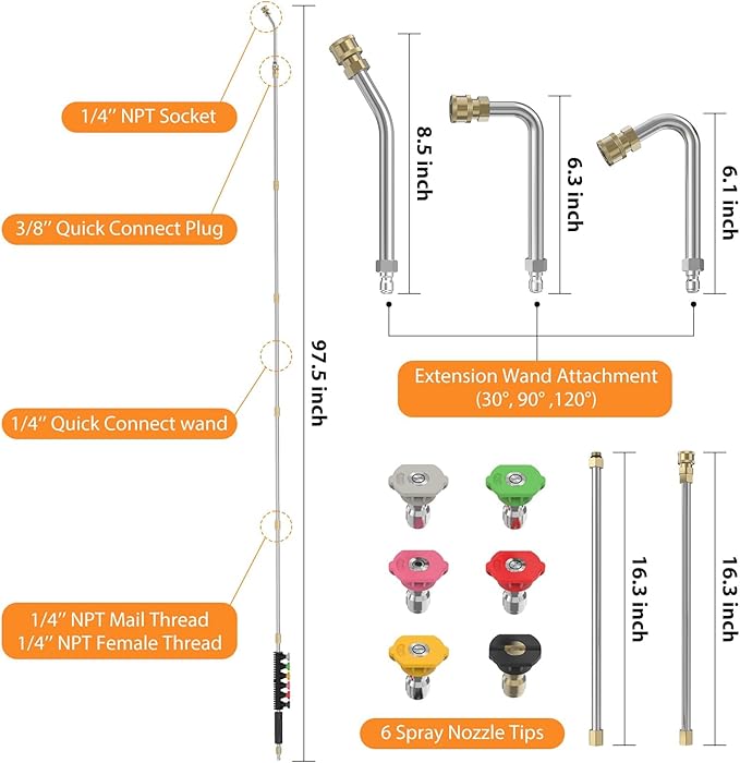 Sealegend 8FT Pressure Washer Extension Wand for Gutter Cleaning, Upgrade Power Washer Accessories with 6 Spray Nozzle Tips, 3 Gutter Cleaner Attachments Curved Rod, 1/4" Quick Connect, 4000 PSI