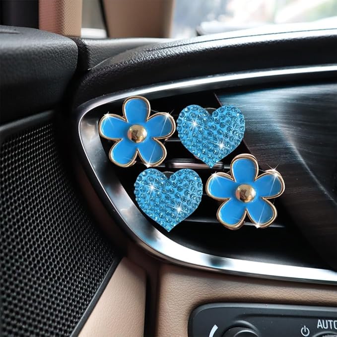 4PCS Car Air Vent Clips with Fragrance Pads, Cute Flower Car Air Fresheners Vents Clips Diamond Vent Clip Auto Interior Decor Charm Bling Auto Accessories Decoration for Women (Blue)