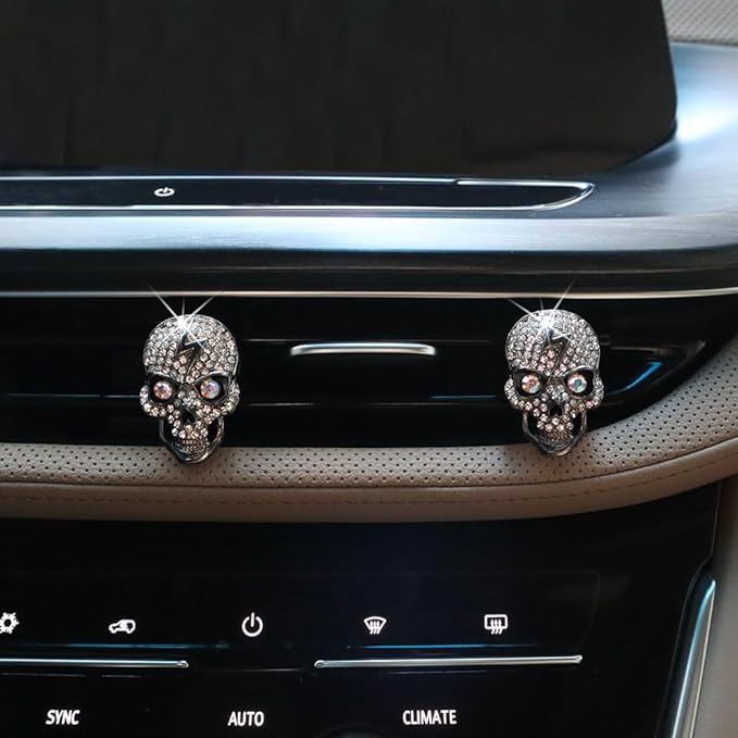 Skull Car Decor 2pcs Bling Skull Car Air Fresheners Vent Clips Black Silver Lightning Skeleton Goth Accessories for Teens Horror Refillable Essential Oil Diffusers