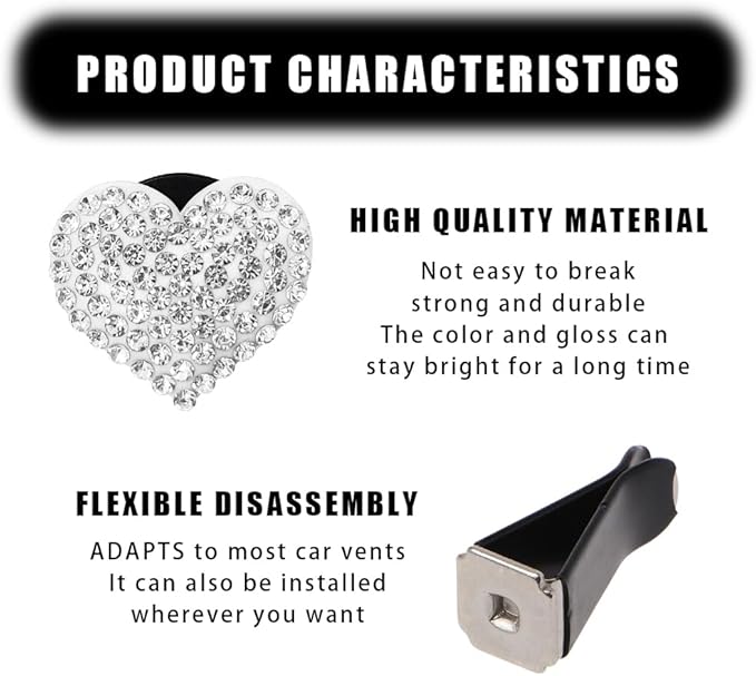 2PCS Bling Air Vent Clips, Heart Shaped Crystal Air Conditioning Outlet Clip, Girl Car Accessories Air Vent Clip Universal for Most Car, Truck, SUV