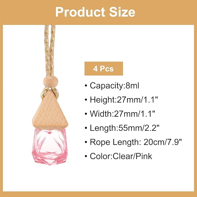 uxcell 4pcs Hanging Car Air Freshener Perfume Bottle, 8ml Pendant Empty Clear/Pink Glass Essential Oil Aromatherapy Diffuser with Wooden Cap for Car Decor (Clear/Pink, Rhombus)