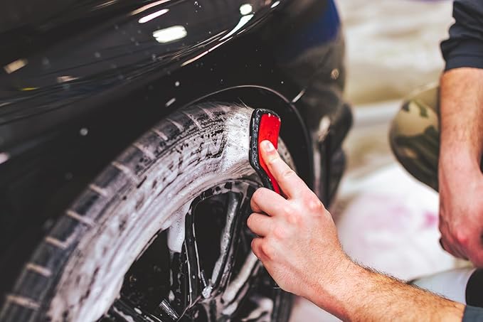 Detail Factory - ProGrip Tire Brush - Ergonomic ProGrip Handle, Stiff Synthetic Bristles, Ergonomic Design, Clean Your Tires with Ease - Red