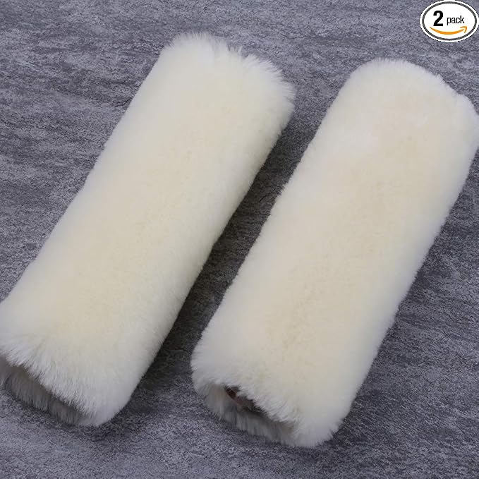 OGLAND 2 Pack Natural Fur Comfort Auto Authentic Sheepskin Car Seat Belt Pads for Adults, Soft Texture Shoulder Neck Cushion Pad Protector, Genuine Australia Merino Wool Cover (Cream White)
