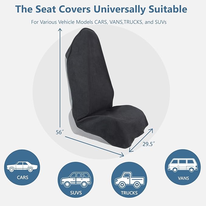 Towel Car Seat Covers - Super Absorbent Front Seat Protectors for Gym, Pets & Travel | Quick-Dry Towel Fabric | Universal Non-Slip Fit for Sedan, SUV, Truck (1 Pack Black)