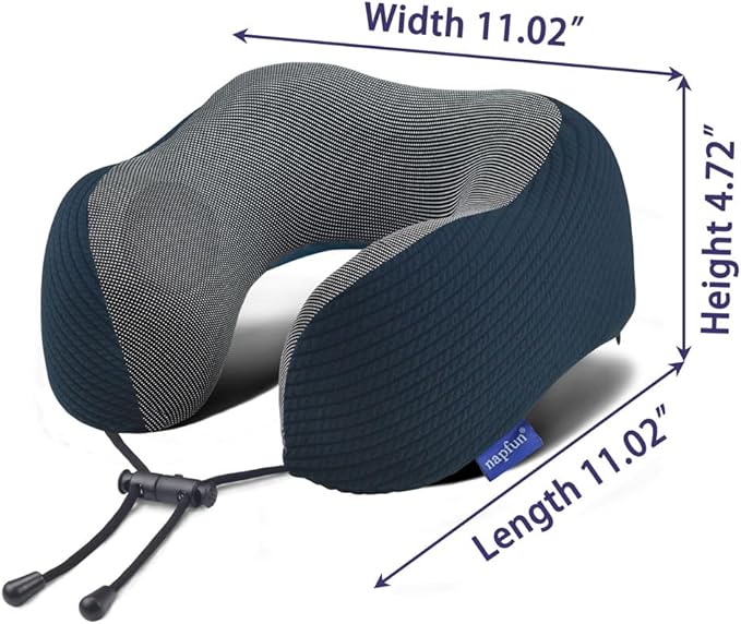 napfun Neck Pillow for Traveling, Upgraded Travel Neck Pillow for Airplane 100% Pure Memory Foam Travel Pillow for Flight Headrest Sleep, Portable Plane Accessories, Deep Blue Striped Kit