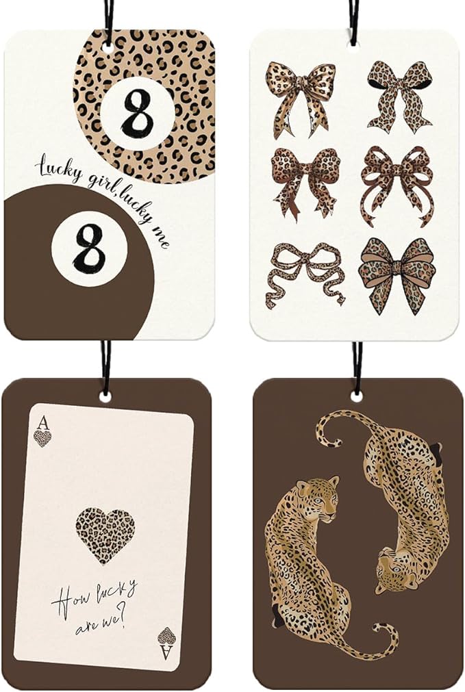 Cheetah Print Car Accessories Interior, Retro Bows Leopard Car Air Freshener 4Pcs, Lucky Cheetah Girly Mirror Decor Hanging, Coquette Bows Cute Cars Air Freshener for Women Girls(Vanilla)