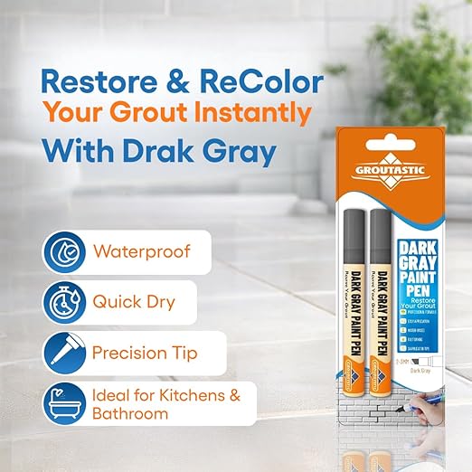 Dark Gray Grout Paint Pen Tile Grout Colorant & Sealer Marker, Quick-Dry, Ideal for Bathroom, Shower, Kitchen Tiles Restores Grout Lines, 3 Adjustable Tips (2-3 mm) 2 Pack