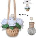 Handmade Crochet Hanging Car Air Freshener - Pure Elegant White Rose Design, 12ml Refillable Thick Glass Bottle, Car Diffuser for Rearview Mirror, Home & Office Minimalist Decor