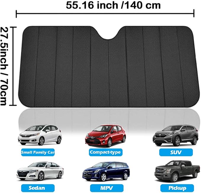 Big Hippo Front Car Sun Shade Windshield, Jumbo/Standard Sunshade Keeps Vehicle Cool UV Ray Sun Visor Protector Sunshades - Easy to Use Folding Sun Shade - Silver/Black Sides(Size: 55.16 X 27.5inch)