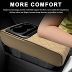 Car Center Console Armrest Pillow, 14"×8.3" Waterproof Leather Armrest Box Cover with Cup and Phone Holder, Soft Memory Foam Arm Rest Console Pad Protector for SUV Truck (Beige, Embroidery)