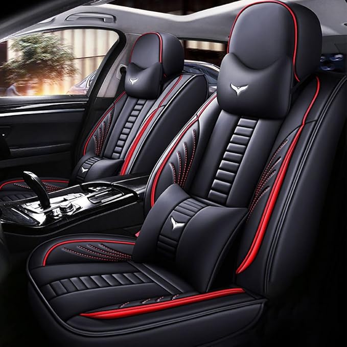for Chevy Equinox Seat Covers 2005-2026, Full Coverage Customized Car Seat Covers, Premium Leather Waterproof Stain-Resistant Easy to Install (Luxury 2 Seats, Black&Red)