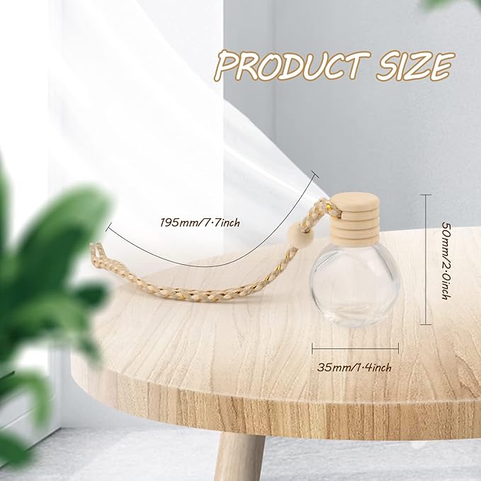 20 Pcs 10ml Oblate Hanging Car Air Freshener Diffuser,Empty Refillable Clear Glass Essential Diffuser Oil Aromatherapy Fragrance Perfume Pendant Vials with Wooden Caps & Hanging String