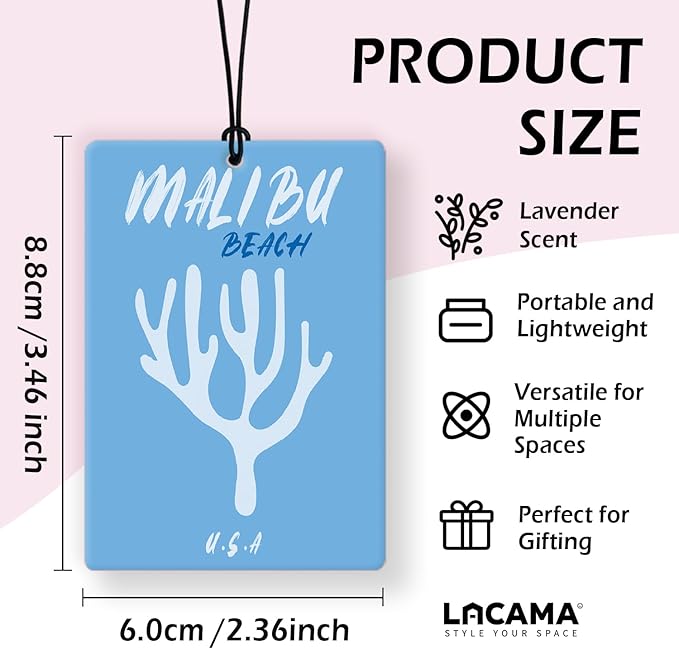 Lacama Blue Beach Preppy Car Air Freshener 3Pcs, Coastal Malibu Palm Tree Coral Champagne Bottle Cars Scents Air Freshener for Women Girls Gifts, Preppy Car Accessories Interior Mirror Decor Hanging