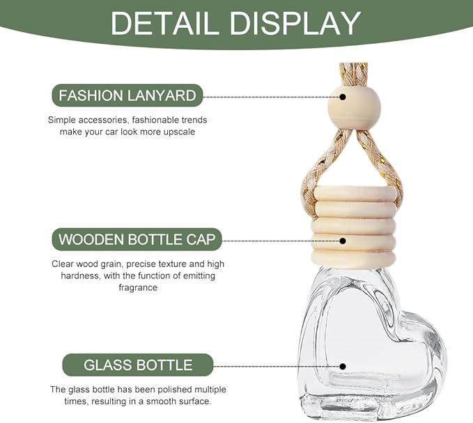 5PCS Hanging Car Air Freshener, Car Air Freshener Diffuser, 8ml Hanging Essential Oil Diffuser Bottle, Auto Interior Cute Glass Empty Perfume Bottle Ornament for Most Vehicles (Heart)