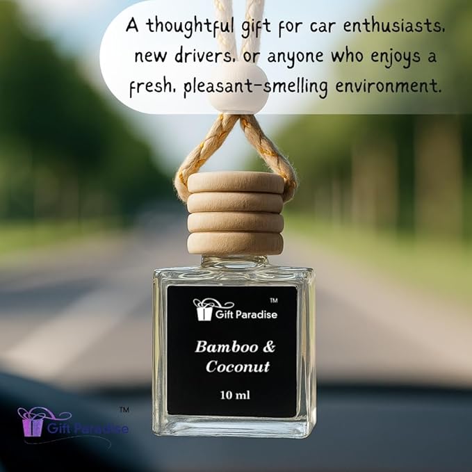 Gift Paradise® Bamboo & Coconut Car Air Freshener – Set of 3 (10 ml Each) – Long-Lasting Hanging Aromatherapy Diffuser for Car, Closet & Office – Clean Spa Scent – Velvet Gift Bag Included