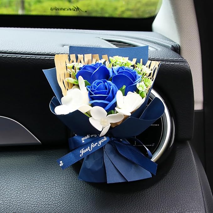 Mini Car Vent Clip Air Freshener, Aesthetic Floral Soap Rose Bouquet Diffuser Decor, Reusable Essential Oil Aroma Pad, Cute Car Accessories Gift for Women (Style F)