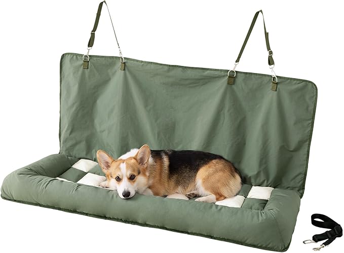 Soulbond Backseat Dog Bed for Car Hammock, Thick Soft Dog Car Seat Cover for Back Seat, Non-Slip Pet Travel Bed for Cars, SUVs & Trunks, Dark Green