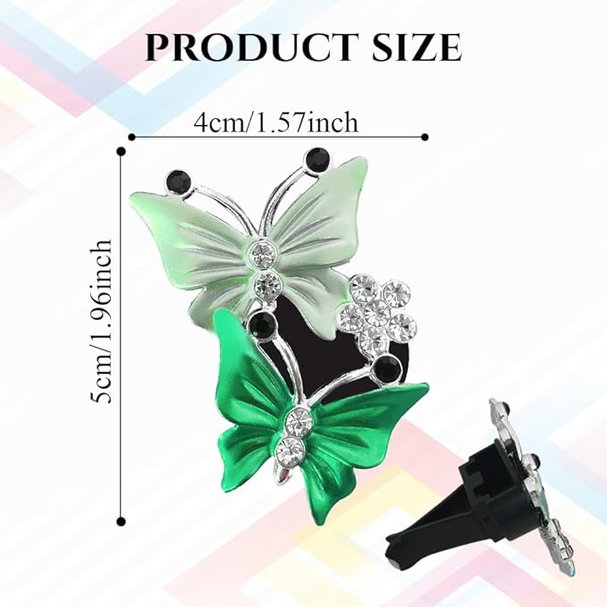 2PCS Car Air Vent Clips, Dual Butterfly Diamond Car Air Conditioner Outlet Vent Clip, Cute Car Diffuser Perfume Clip, Car Air Freshener Decor Accessories for Women Girl (Green, Style 1)