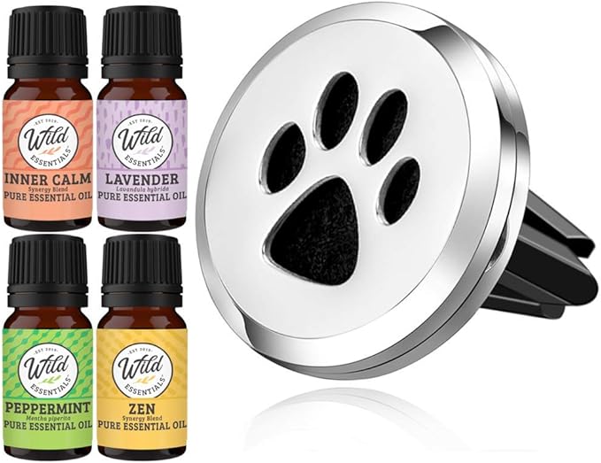 Wild Essentials Dog Paw Essential Oil Car Vent Diffuser Kit With Lavender, Lemongrass, Peppermint, Orange Oils, Stainless Steel Locket Pendant, 8 Refill Pads, Customizable Color Changing Air Freshener